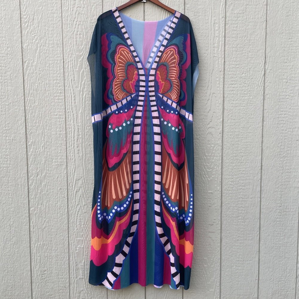 Womens Sheer Beach Kaftan Size 4XL Butterfly‎ Cover-up Vacation BOHO Raw Hem